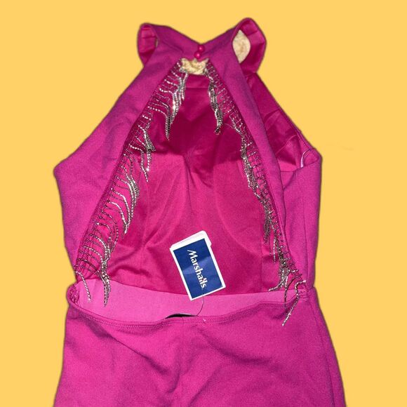 NWT Sincerely Jules Size S Hot Pink Halter Mini Dress Rhinestone Fringe Back - Picture 3 of 5